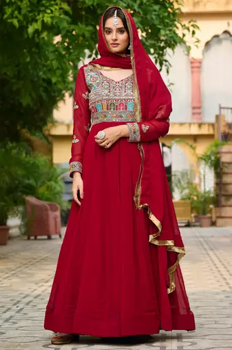 Maroon festive wear designer faux blooming georgette sequins & multi thread embroidered work readymade suit