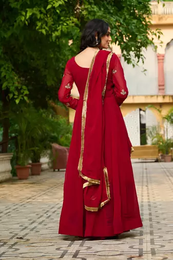 Maroon festive wear designer faux blooming georgette sequins & multi thread embroidered work readymade suit