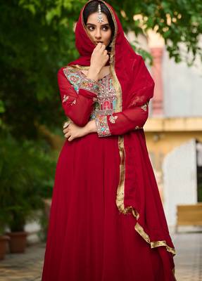Maroon festive wear designer faux blooming georgette sequins & multi thread embroidered work readymade suit 4