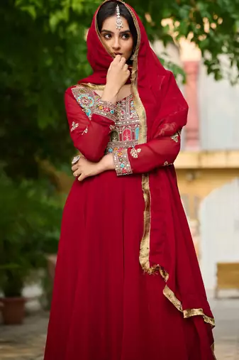 Maroon festive wear designer faux blooming georgette sequins & multi thread embroidered work readymade suit