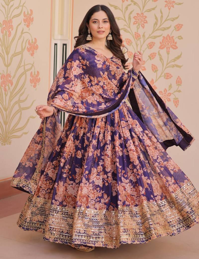 Purple festive wear designer russian silk digital print with embroidered sequence work readymade suit