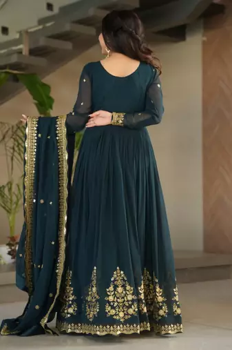 Peacock green festive wear designer faux blooming georgette zari thread & sequins embroidery work readymade suit