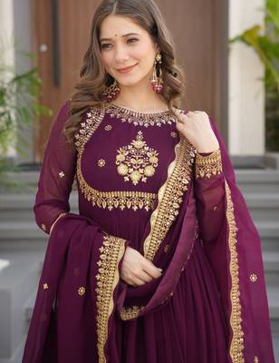 Wine festive wear designer faux blooming georgette zari thread & sequins embroidery work readymade suit 4