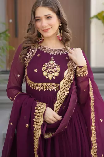 Wine festive wear designer faux blooming georgette zari thread & sequins embroidery work readymade suit