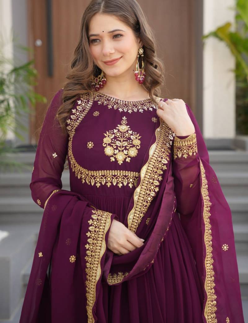 Wine festive wear designer faux blooming georgette zari thread & sequins embroidery work readymade suit