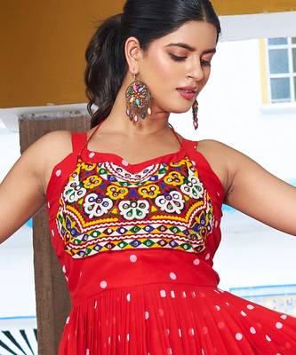 Red festive wear designer georgette bandhani print with gamathi work with real mirror readymade suit 1