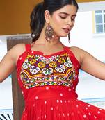 Red festive wear designer georgette bandhani print with gamathi work with real mirror readymade suit