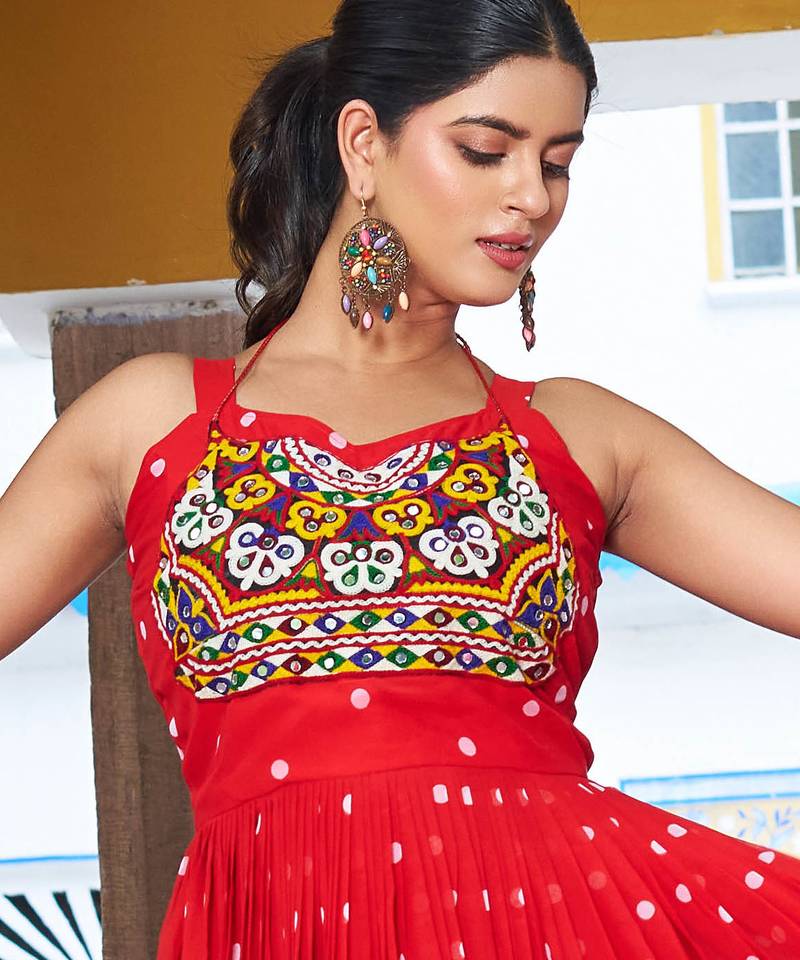 Red festive wear designer georgette bandhani print with gamathi work with real mirror readymade suit