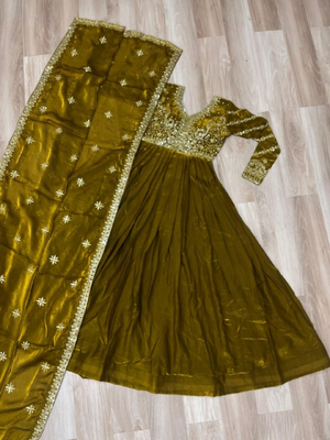 Mehendi green festive wear designer fendy zari & sequence embroidered work readymade suit 4