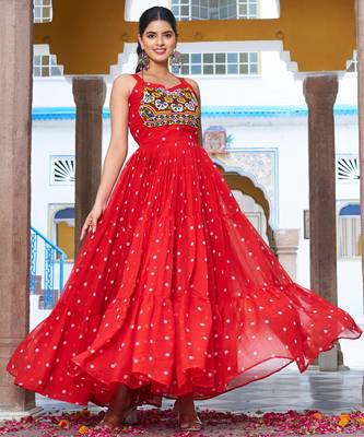 Red festive wear designer georgette bandhani print with gamathi work with real mirror readymade suit 2
