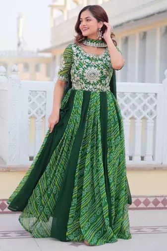 Multi festive wear designer pure georgette bandhej  readymade suit