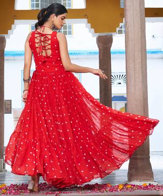 Red festive wear designer georgette bandhani print with gamathi work with real mirror readymade suit 3