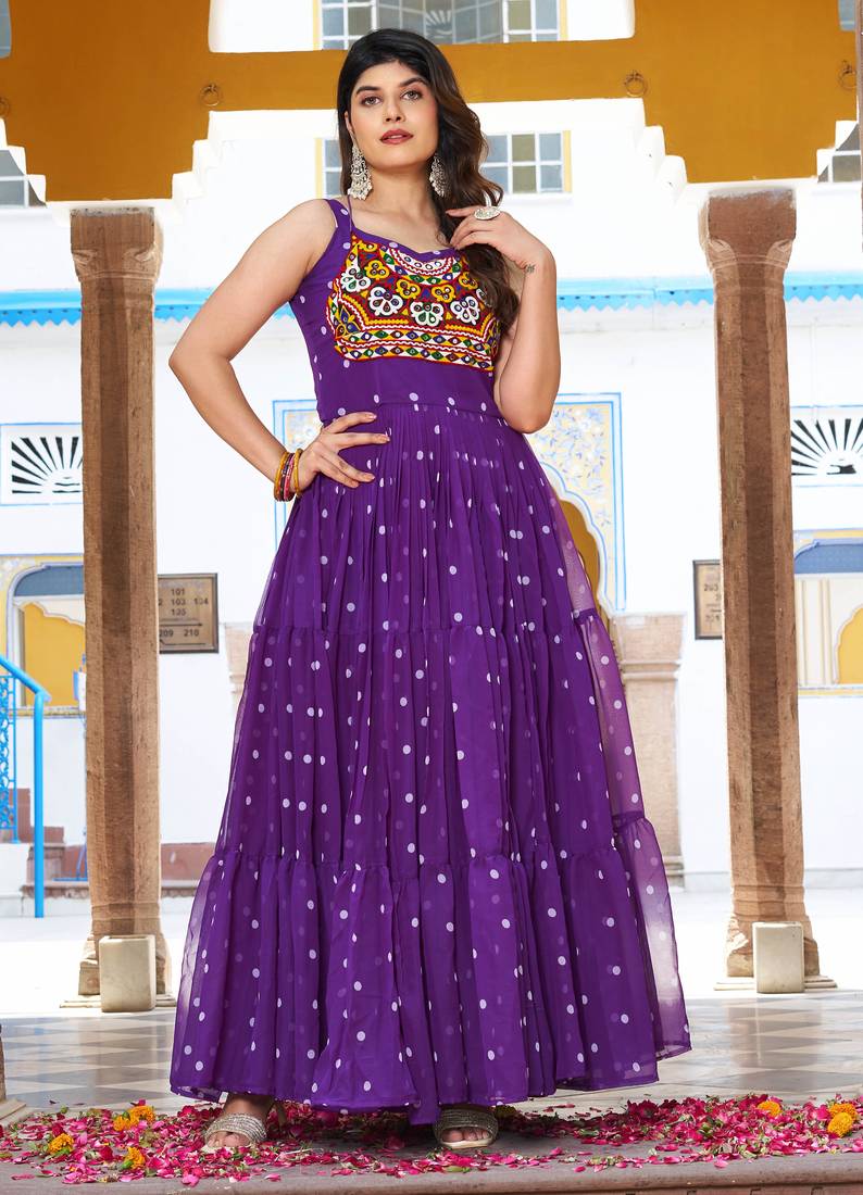 Purple festive wear designer georgette bandhani print with gamathi work with real mirror readymade suit