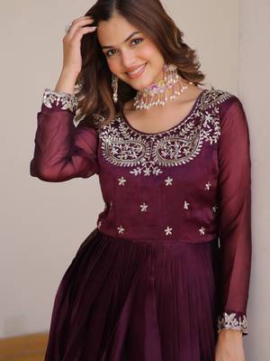 Wine festive wear designer pure burberry silk  heavy sequence embroidery work readymade suit 3