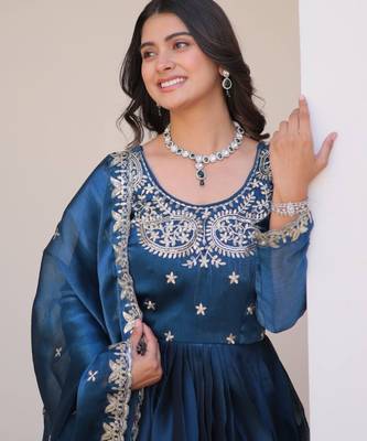 Teal festive wear designer pure burberry silk  heavy sequence embroidery work readymade suit 3