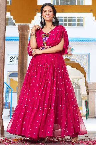 Pink festive wear designer georgette bandhani print with gamathi work with real mirror readymade suit