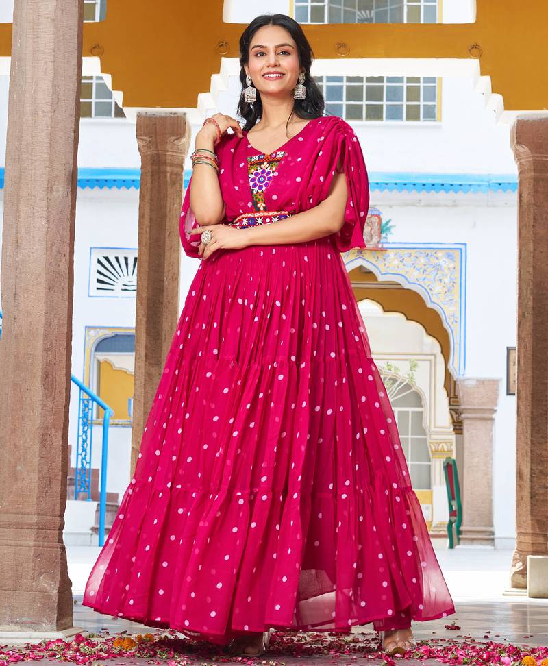 Pink festive wear designer georgette bandhani print with gamathi work with real mirror readymade suit