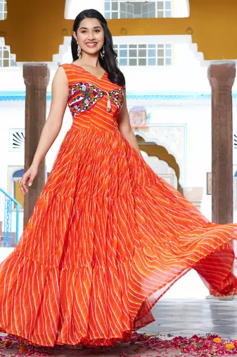 Orange festive wear designer georgette bandhani print with gamathi work with real mirror readymade suit