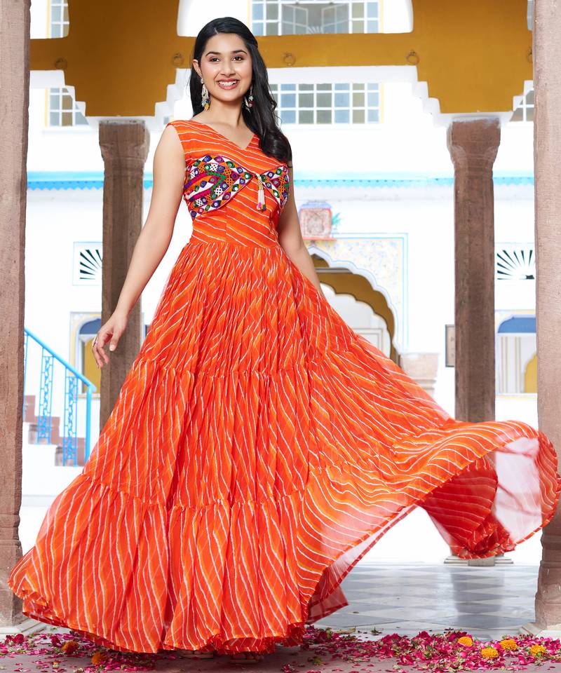 Orange festive wear designer georgette bandhani print with gamathi work with real mirror readymade suit