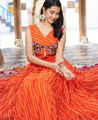 Orange festive wear designer georgette bandhani print with gamathi work with real mirror readymade suit 3