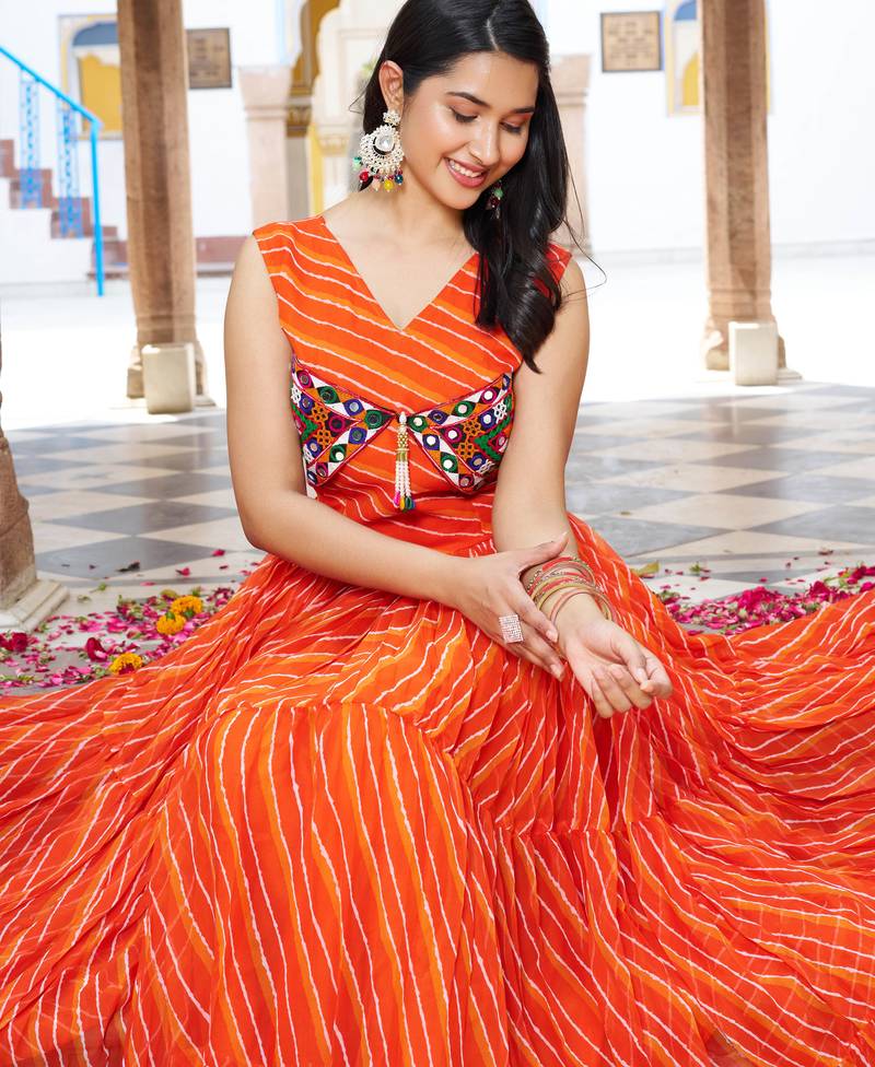 Orange festive wear designer georgette bandhani print with gamathi work with real mirror readymade suit