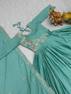 Sky blue festive wear designer pure chinon heavy sequence embroidery work readymade suit 4