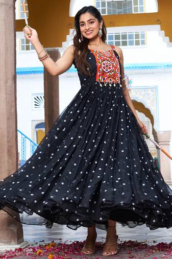 Black festive wear designer georgette bandhani print with gamathi work with real mirror readymade suit