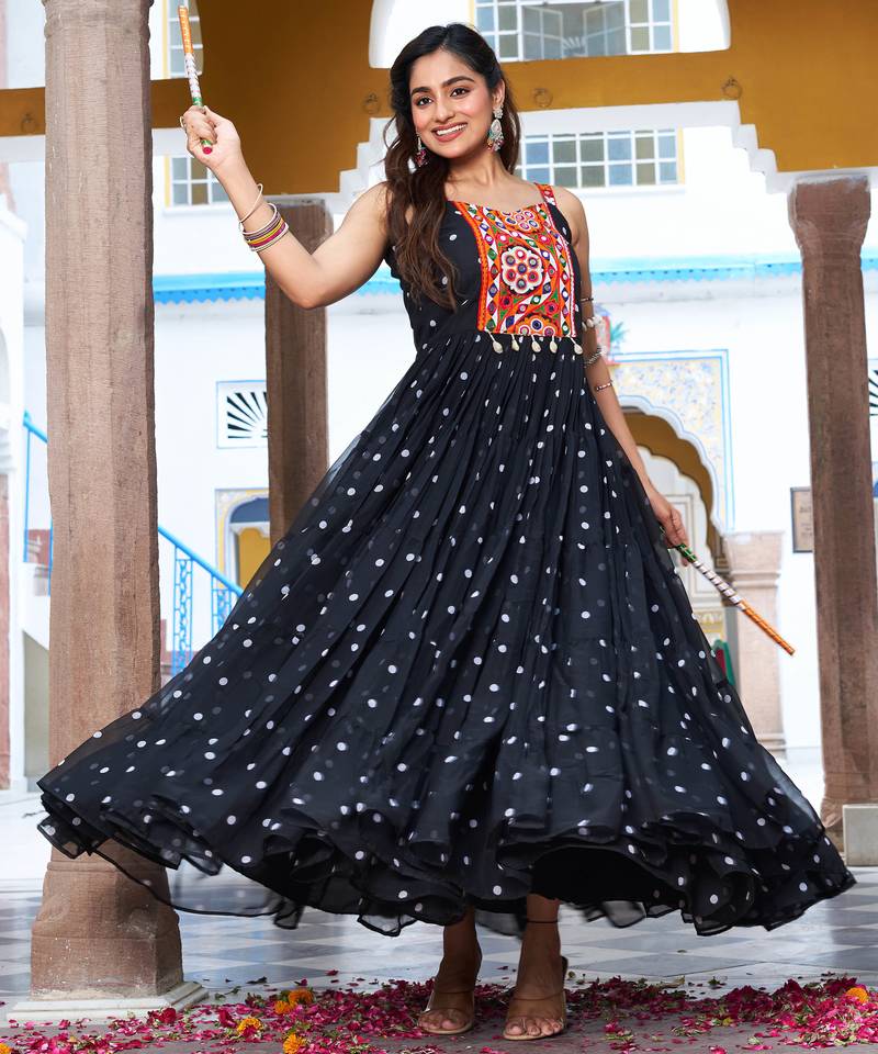 Black festive wear designer georgette bandhani print with gamathi work with real mirror readymade suit