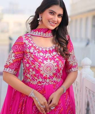 Rani Pink festive wear designer pure georgette bandhej  readymade suit 4