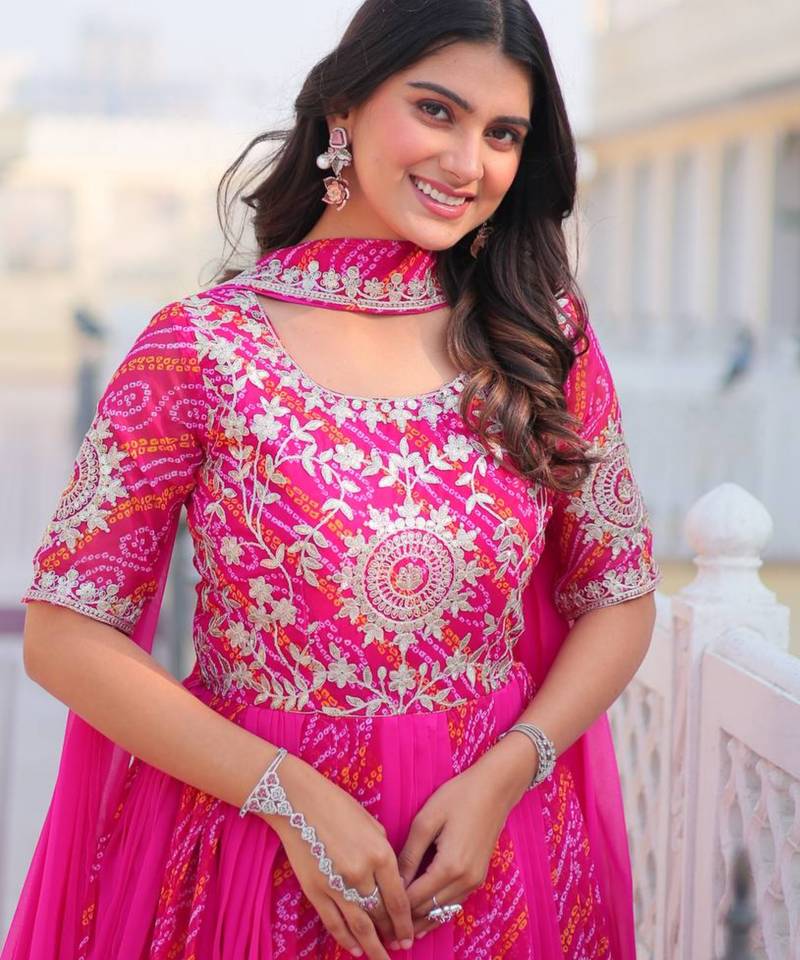 Rani Pink festive wear designer pure georgette bandhej  readymade suit