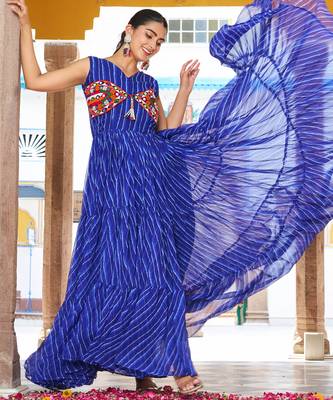 Blue festive wear designer georgette bandhani print with gamathi work with real mirror readymade suit 1