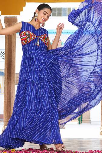 Blue festive wear designer georgette bandhani print with gamathi work with real mirror readymade suit