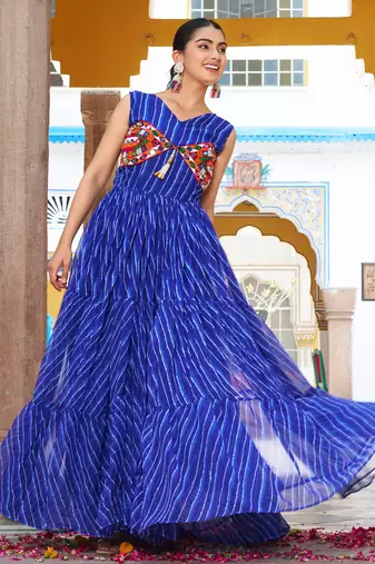 Blue festive wear designer georgette bandhani print with gamathi work with real mirror readymade suit