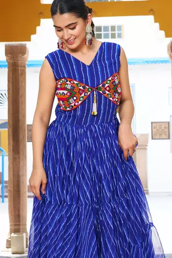 Blue festive wear designer georgette bandhani print with gamathi work with real mirror readymade suit