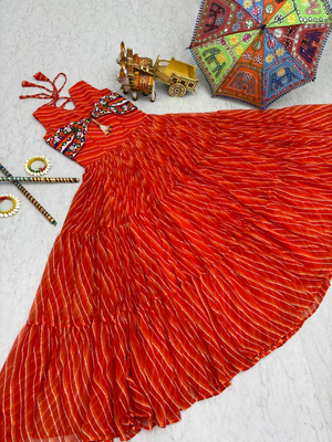 Orange festive wear designer georgette bandhani print with gamathi work with real mirror readymade suit 4