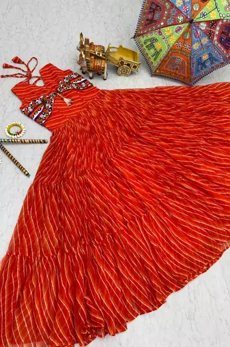 Orange festive wear designer georgette bandhani print with gamathi work with real mirror readymade suit