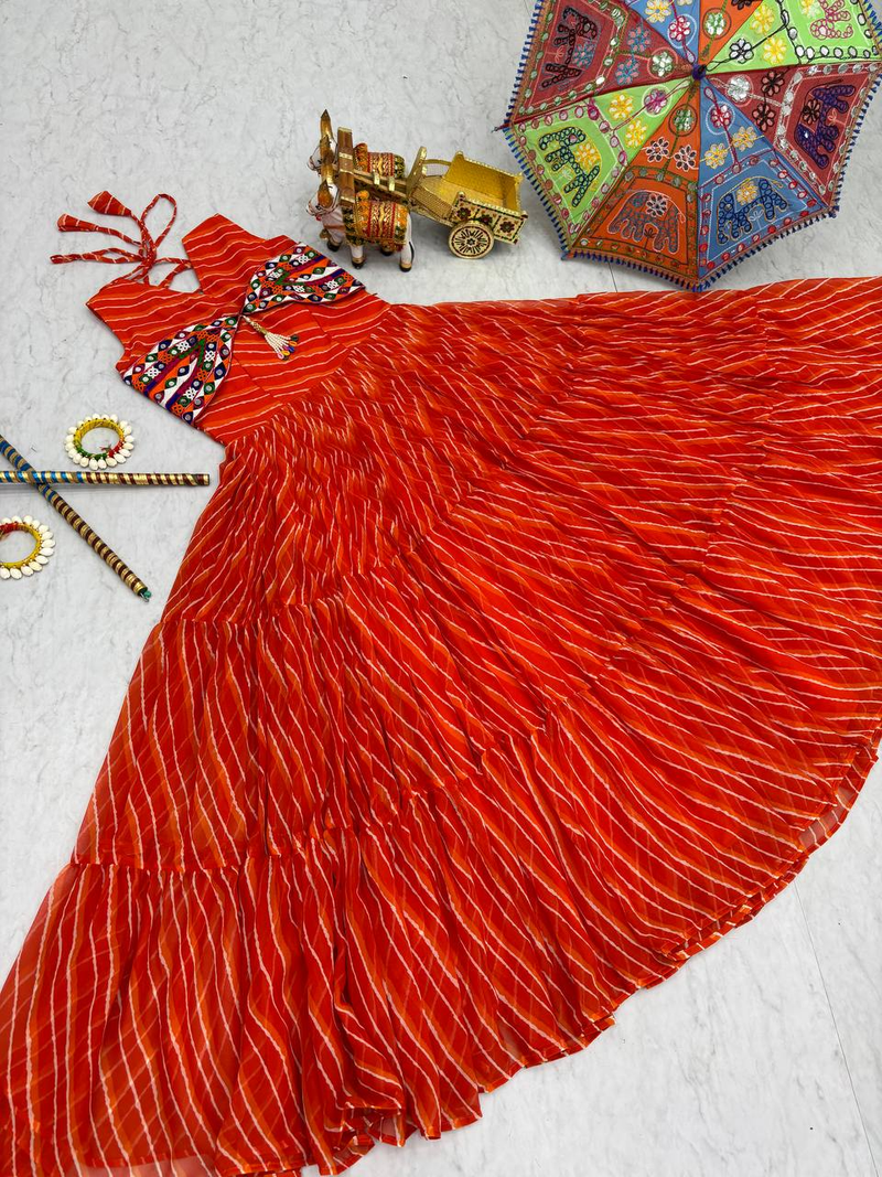 Orange festive wear designer georgette bandhani print with gamathi work with real mirror readymade suit