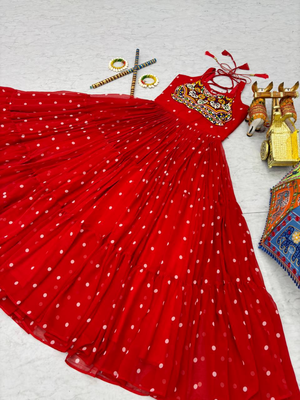 Red festive wear designer georgette bandhani print with gamathi work with real mirror readymade suit 4