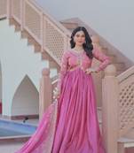 Pink festive wear designer gold-crush art silk sequins & multi embroidered work readymade suit