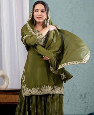 Mehendi green festive wear designer pure heavy chinnon silk heavy embroidery coding sequence work readymade suit 3