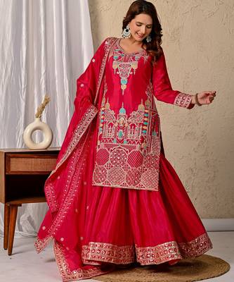Pink festive wear designer heavy chinnon silk  readymade suit 1