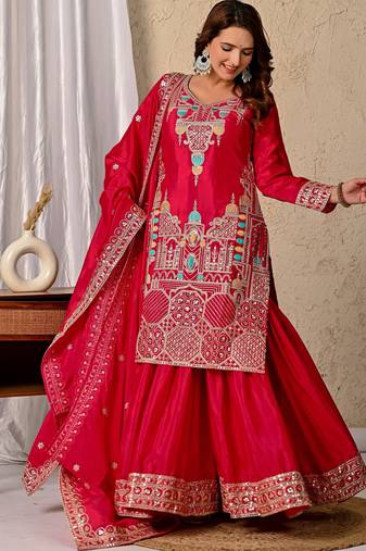 Pink festive wear designer heavy chinnon silk  readymade suit