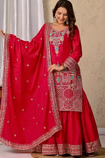 Pink festive wear designer heavy chinnon silk  readymade suit