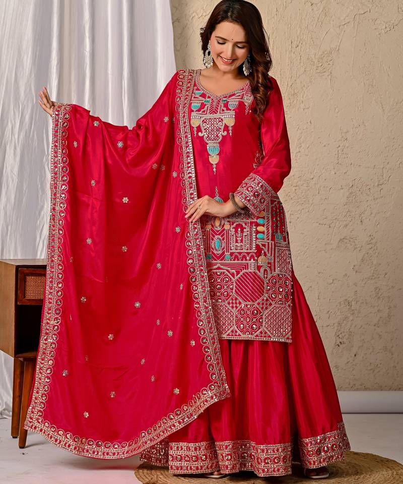 Pink festive wear designer heavy chinnon silk  readymade suit