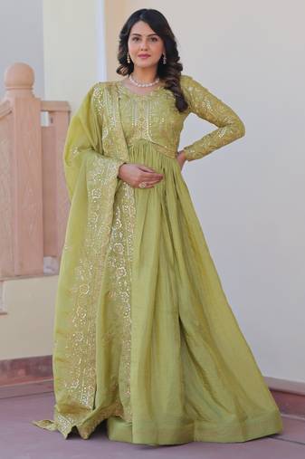 Pista festive wear designer gold-crush art silk sequins & multi embroidered work readymade suit