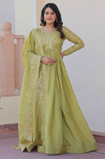 Pista festive wear designer gold-crush art silk sequins & multi embroidered work readymade suit