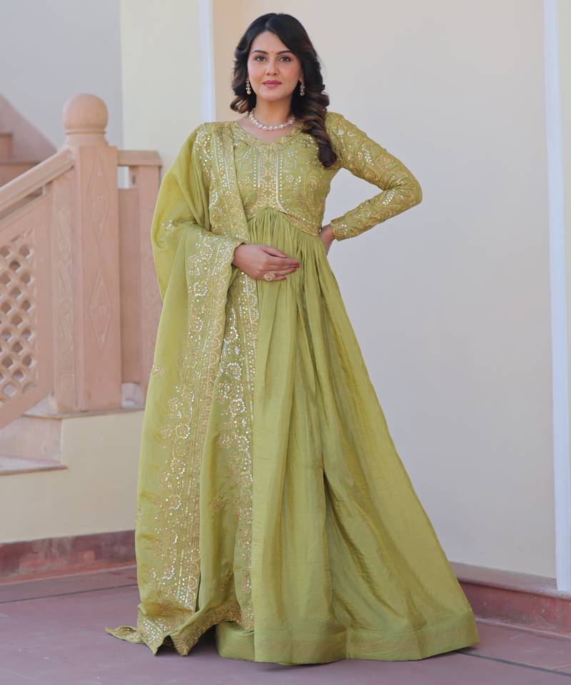 Pista festive wear designer gold-crush art silk sequins & multi embroidered work readymade suit