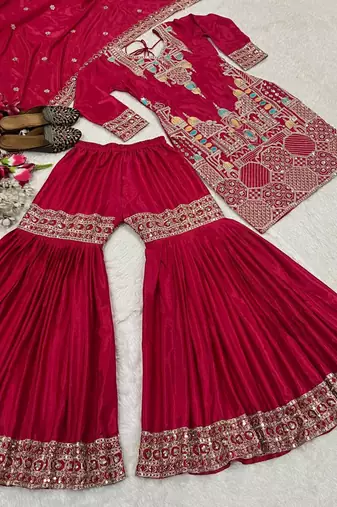 Pink festive wear designer heavy chinnon silk  readymade suit