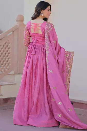 Pink festive wear designer gold-crush art silk sequins & multi embroidered work readymade suit