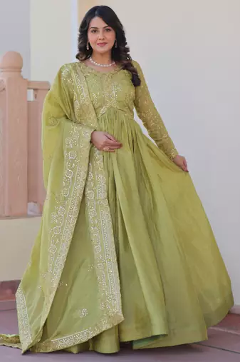 Pista festive wear designer gold-crush art silk sequins & multi embroidered work readymade suit